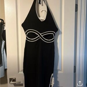 Commense Black and White Halter Cut Out Knit Dress